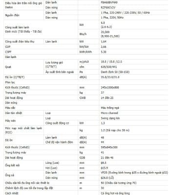 Thống số kỹ thuật Điều hòa nối ống gió Daikin 21000BTU inverter 1 chiều Thống số kỹ thuật Điều hòa nối ống gió Daikin 21000BTU inverter 1 chiều