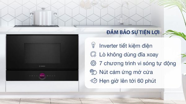 Bosch BFL7221B1 được trang bị nhiều chức năng tiện ích như hâm nóng, rã đông, nấu nhanh và chế độ tự động