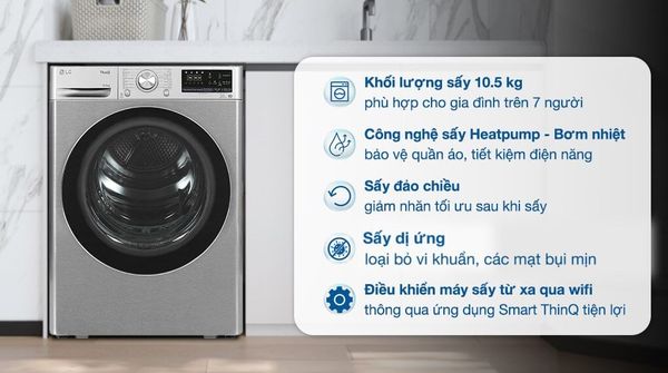 Máy LG DVHP50M có thể sấy khô quần áo ở nhiệt độ thấp để giảm co rút và hư hại vải.