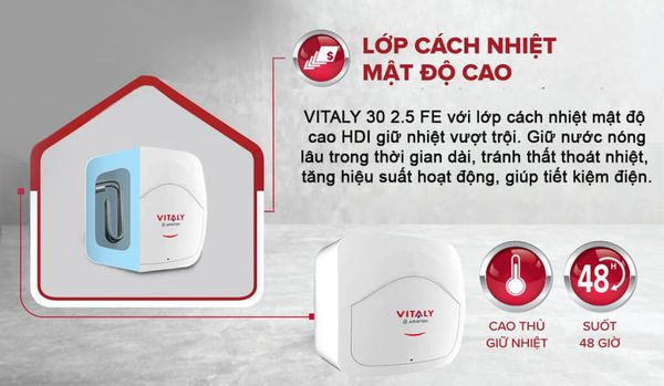 Ariston Vitaly 30 vuông có công nghệ chống giật tiên tiến đảm bảo an toàn tuyệt đối cho người dùng