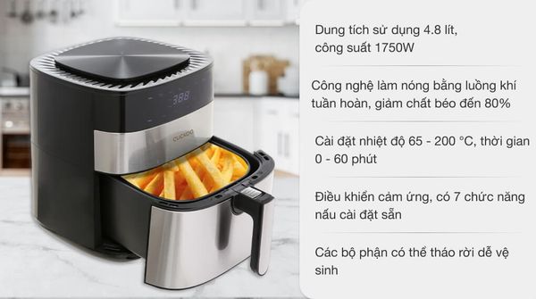 Nồi chiên không dầu Cuckoo CAF-CO510DB cho phép người dùng điều chỉnh nhiệt độ và thời gian nấu