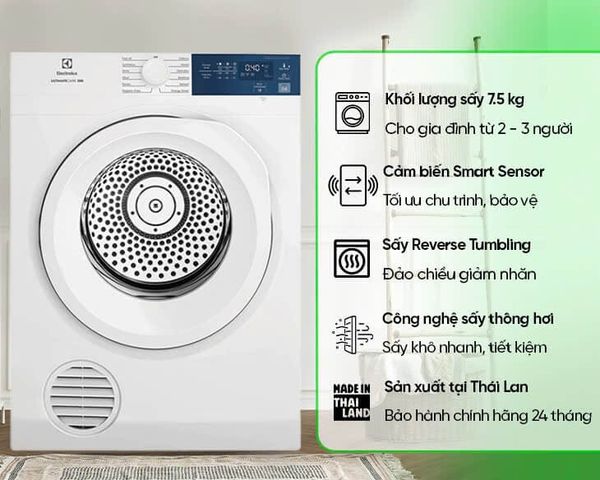 Máy sấy quần áo Electrolux EDV754H3WB cũng có tính năng kháng khuẩn và khử mùi, giúp loại bỏ vi khuẩn và mùi hôi bám trên quần áo sau khi sấy.