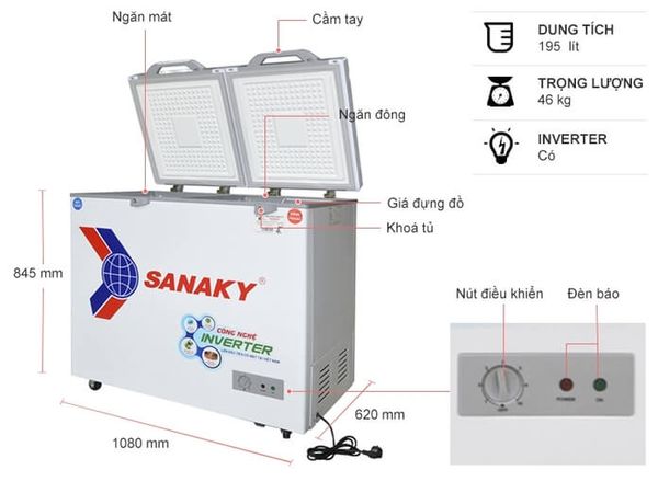 Sanaky VH-2599W4K có thiết kế hai ngăn tiện dụng với một ngăn đông và một ngăn mát.