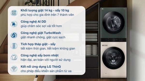 TurboWash 360 là một trong những công nghệ tiên tiến nhất được LG tích hợp vào tháp giặt sấy WT1410NHEG, giúp giảm thời gian giặt đáng kể mà vẫn đảm bảo quần áo sạch sẽ.