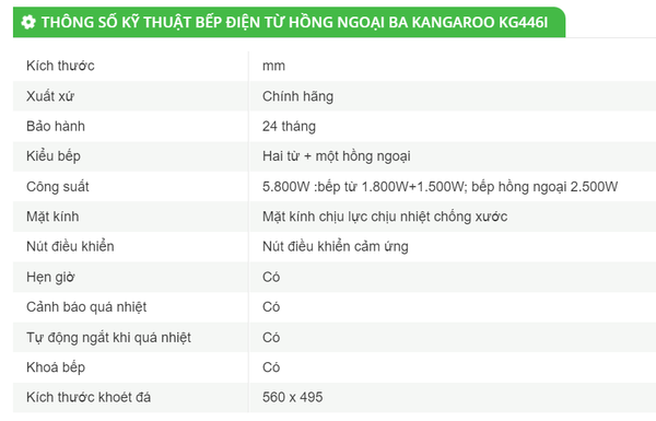 BẾP ĐIỆN TỪ HỒNG NGOẠI BA KANGAROO KG446I Đa Chức Năng