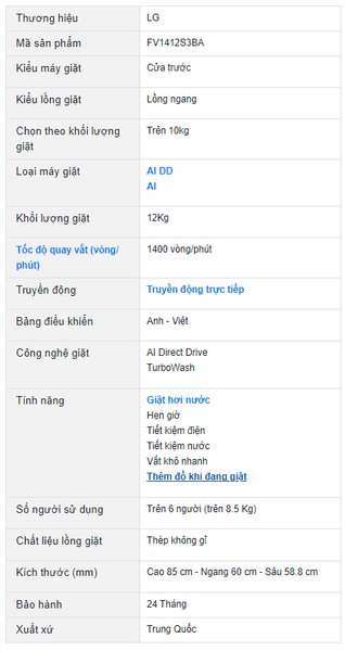 Máy giặt LG 12kg cửa ngang FV1412S3BA  Tính Năng Thông Minh và Bảo Vệ