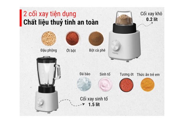Máy xay sinh tố đa năng Toshiba BL-70GR1UV- 2 cối xay tiện lợi