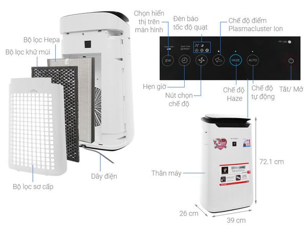 Sharp FP-J60E-W sở hữu thiết kế tối giản nhưng không kém phần sang trọng với tông màu trắng chủ đạo.