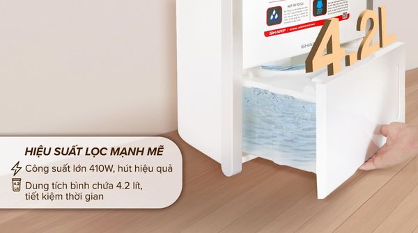 Máy hút ẩm Sharp DW-D20A-W có bảng điều khiển điện tử thông minh hiển thị độ ẩm, chế độ hoạt động và mức nước trong bình.