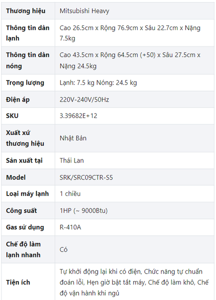 Khả Năng Làm Lạnh Hiệu Quả  Mitsubishi Heavy 9.000BTU 1 chiều SRK/SRC09CTR-S5