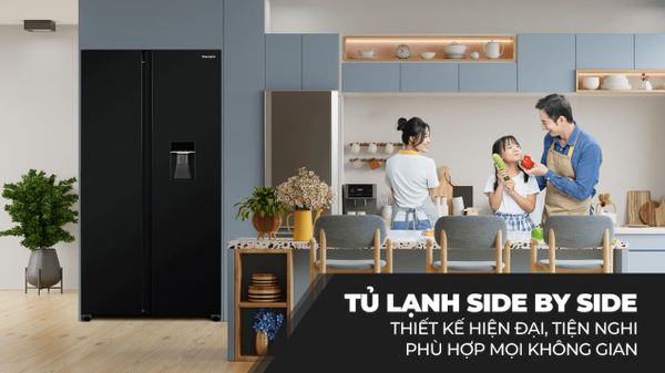 Thiết kế 4 cửa hiện đại với gam màu đen đá (Dark Glass) của Sharp SJ-SBX530WD-DG tạo điểm nhấn thẩm mỹ cho không gian bếp