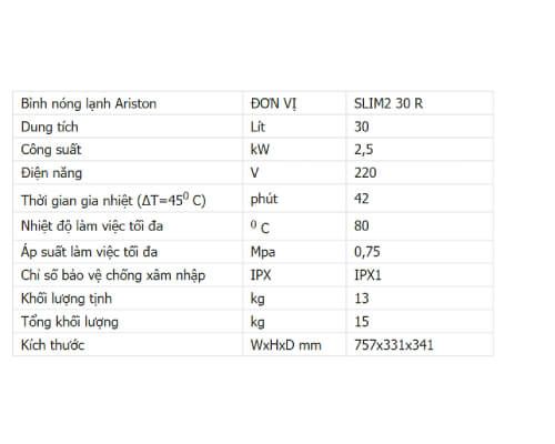 Thống số kỹ thuật Bình nóng lạnh Ariston 30l ngang SL2 30R