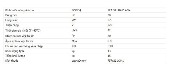Thống số kỹ thuật Bình nóng lạnh Ariston 30l SL2 30 LUX-D AG+