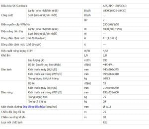 Thống số kỹ thuật Điều hòa Sumikura 18000BTU 1 chiều inverter