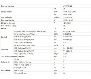 Thống số kỹ thuật Điều hòa Sumikura 1 chiều 12.000BTU