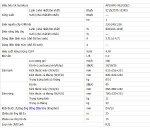 Thống số kỹ thuật Điều hòa Sumikura 9000BTU 1 chiều inverter