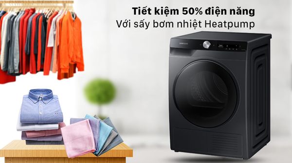Máy sấy Samsung DV17B950CV/SV có thể tiết kiệm điện năng tới 50% so với các máy sấy sử dụng điện trở nhiệt Máy sấy Samsung DV17B950CV/SV có thể tiết kiệm điện năng tới 50% so với các máy sấy sử dụng điện trở nhiệt