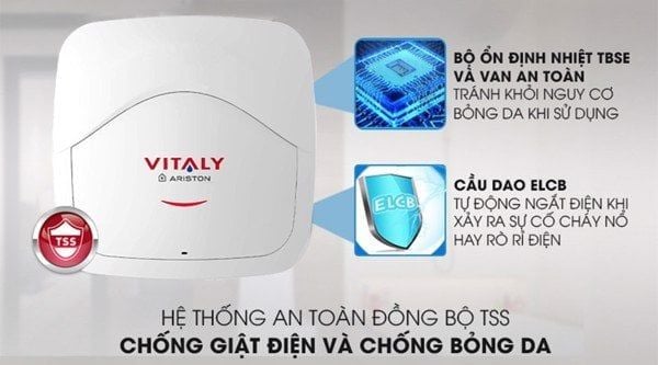 Bình nóng lạnh Ariston Vitaly 30, với thiết kế hiện đại và màu trắng chủ đạo, dễ dàng phù hợp với mọi phong cách nội thất.