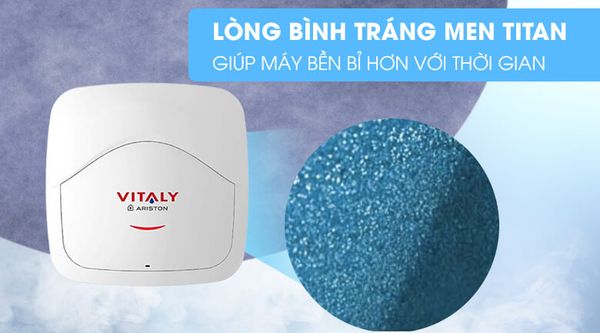Bình nóng lạnh Ariston Vitaly 30 vuông có thanh đốt bằng đồng cao cấp cho phép làm nóng nhanh và ổn định.