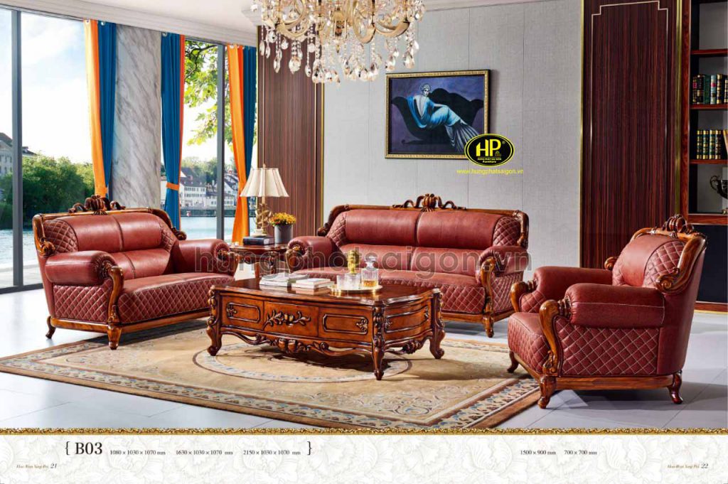 Bộ ghế sofa tân cổ điển nhập khẩu da bò Ý B03