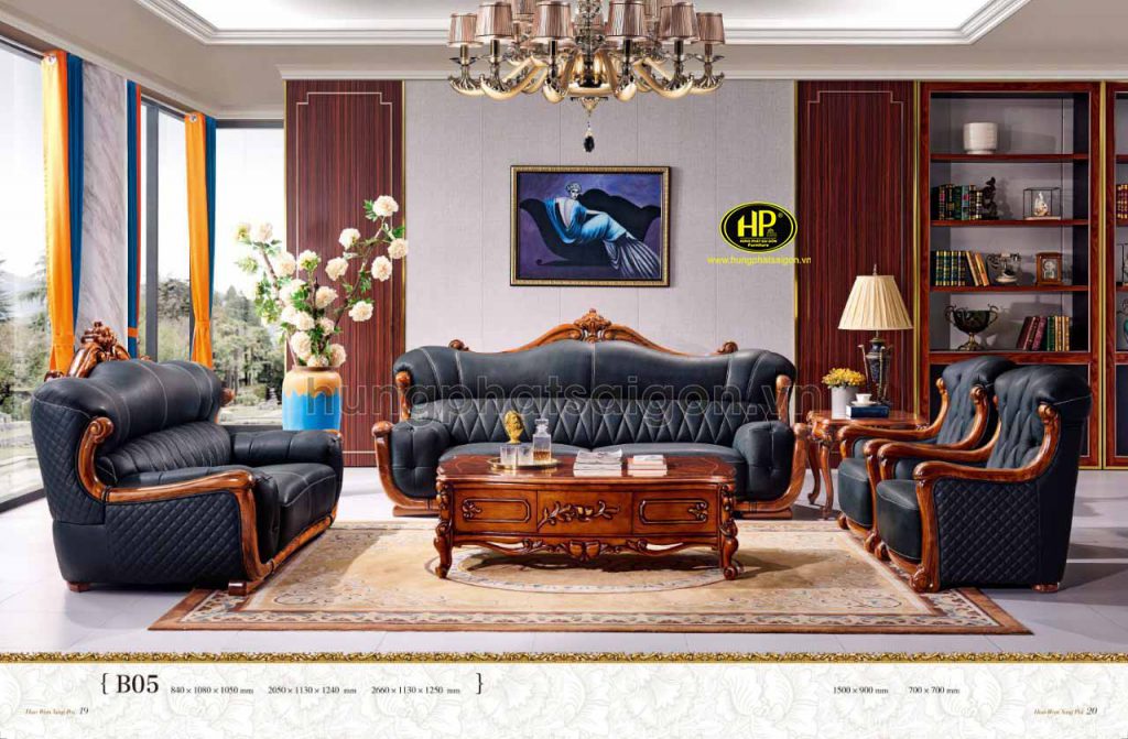 Ghế sofa gỗ mun tân cổ điển phòng khách B05