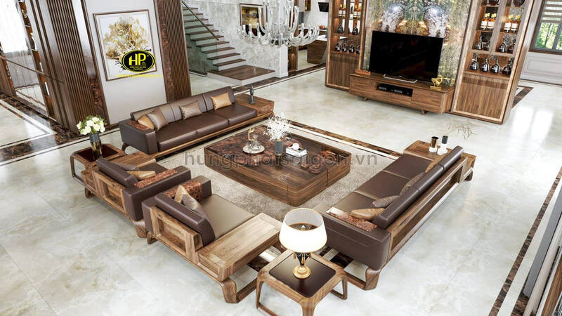 Bộ ghế sofa gỗ óc chó phòng khách cao cấp HO-09