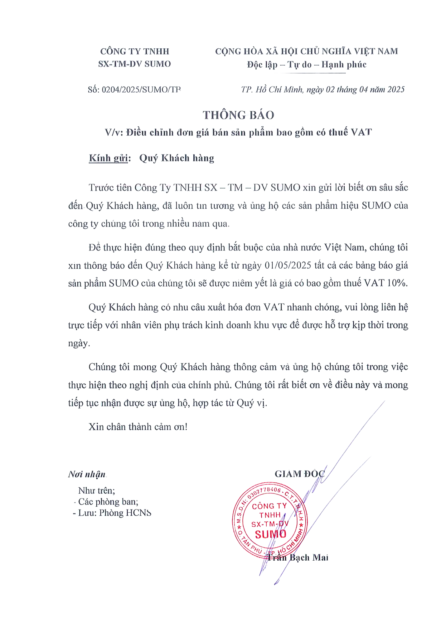 THÔNG BÁO ĐIỀU CHỈNH ĐƠN GIÁ BÁN SẢN PHẨM TỪ NGÀY 01/05/2025