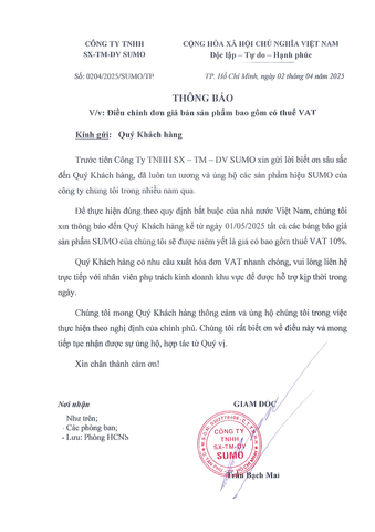 THÔNG BÁO ĐIỀU CHỈNH ĐƠN GIÁ BÁN SẢN PHẨM TỪ NGÀY 01/05/2025