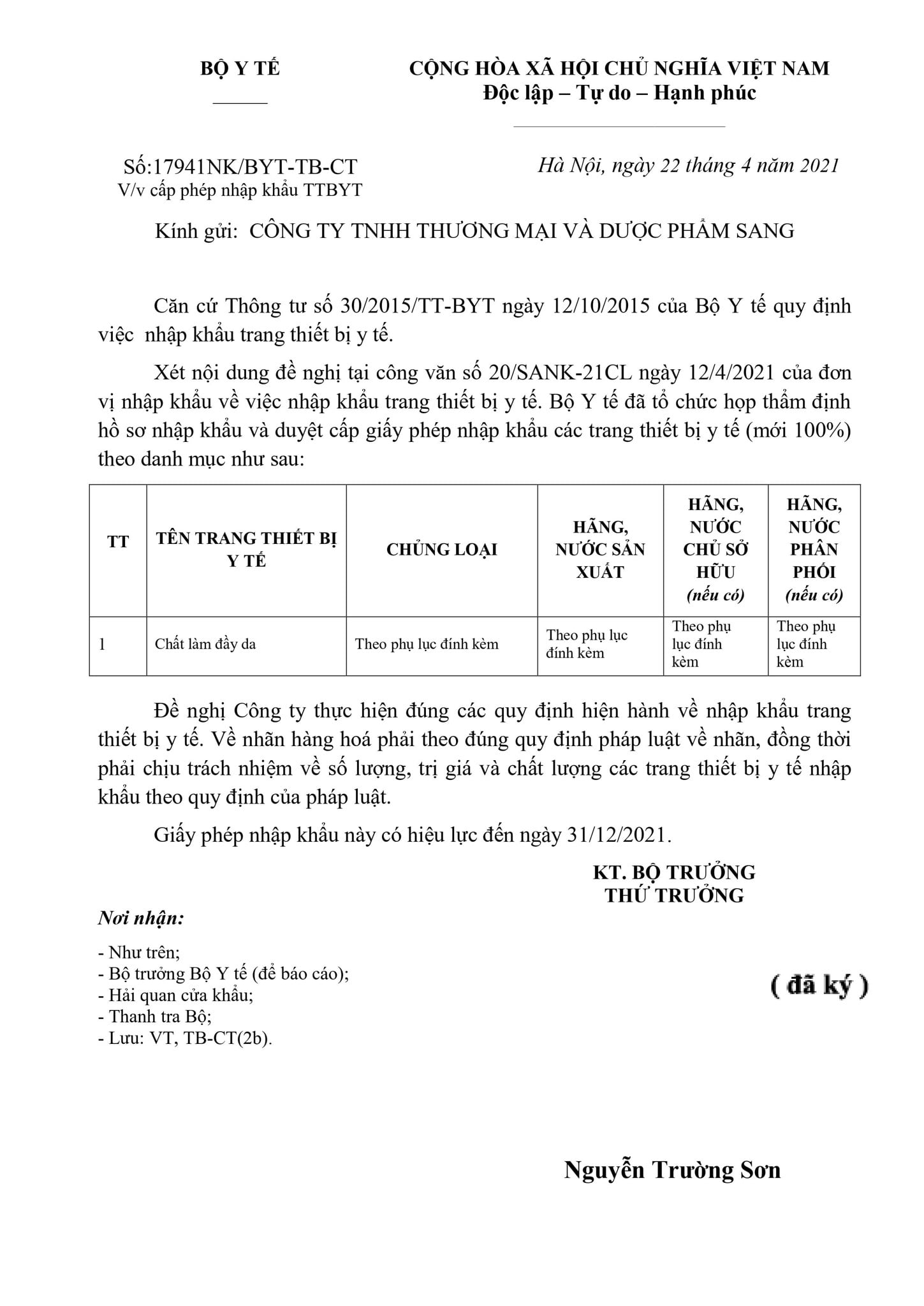 Giấy phép nhập khẩu số 17941NK/BYT-TB-CT.