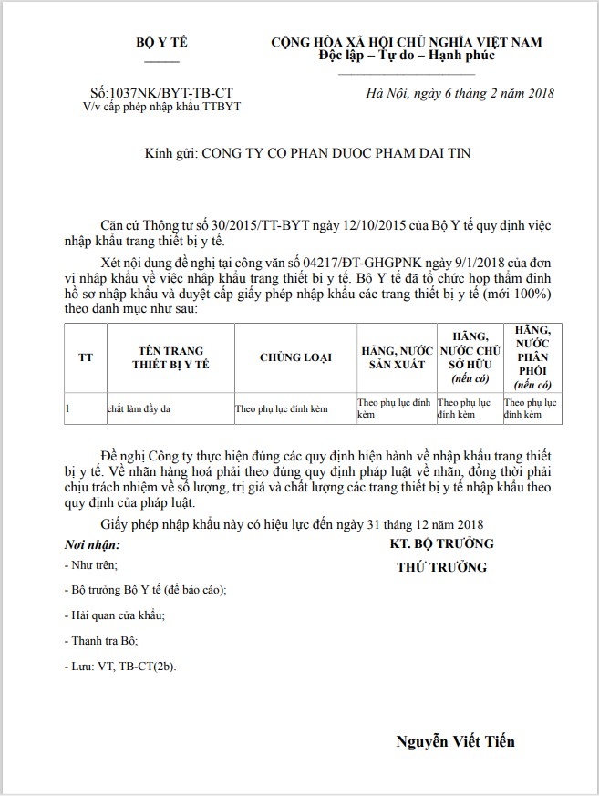 Giấy phép nhập khẩu số 1037NK/BYT-TB-CT.