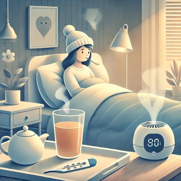 Một người đang nghỉ ngơi trên giường với cốc trà, nhiệt kế và máy tạo độ ẩm, tạo cảm giác thư giãn và phục hồi.