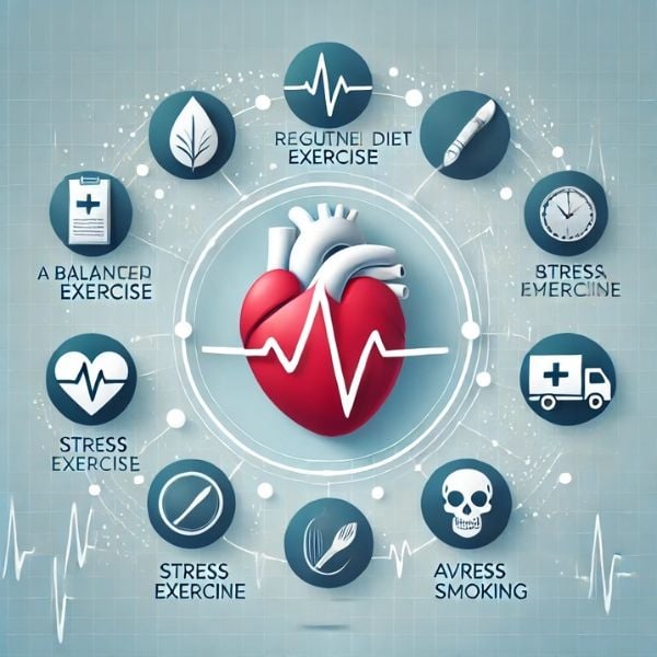 Infographic y tế mô tả các phương pháp phòng ngừa hiệu quả, bao gồm chế độ ăn uống lành mạnh, tập thể dục, quản lý căng thẳng và tránh thuốc lá.
