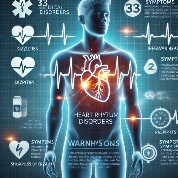 Minh họa y khoa về các dấu hiệu cảnh báo rối loạn nhịp tim, bao gồm hình ảnh tim, sóng ECG bất thường và các triệu chứng phổ biến.
