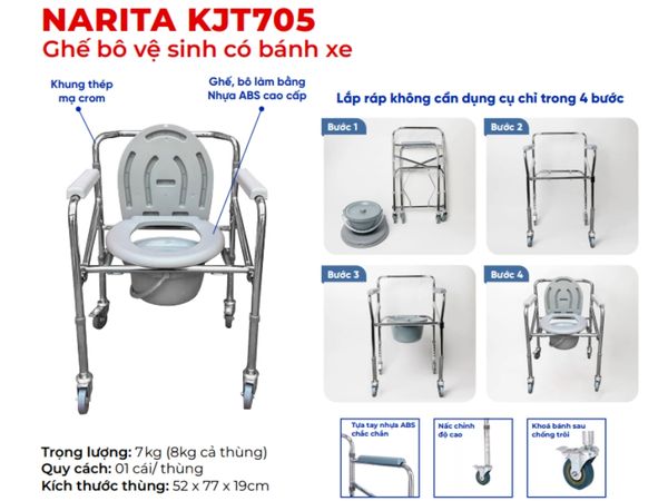 Ghế bô Narita KJT705 được làm bằng nhựa y tế an toàn, màu xám và sạch;