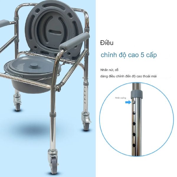 Ghế bô vệ sinh Oromi DY01201LQ có bánh xe giúp người cao tuổi và người khuyết tật đi vệ sinh dễ dàng hơn.