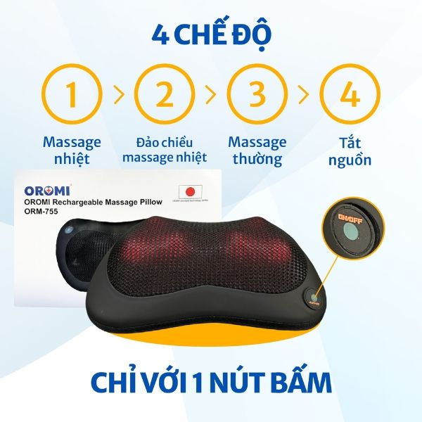 Gối massage hồng ngoại Oromi ORM-755 có 6 đầu bi massage kết hợp với hồng ngoại, xoa bóp được nhiều vị trí trên cơ thể.