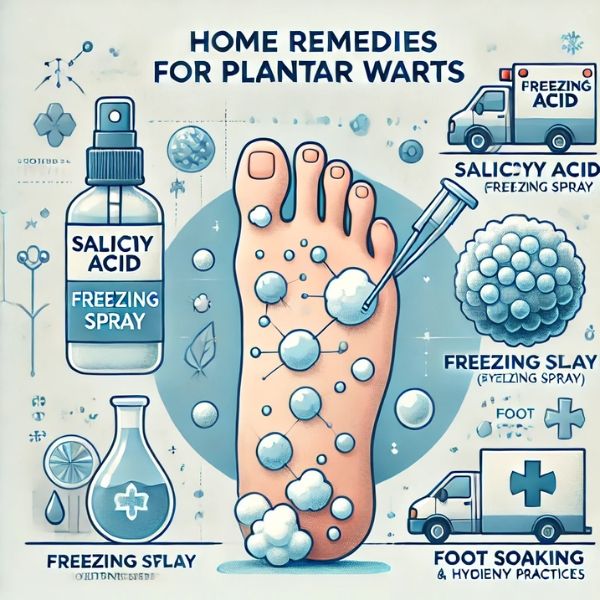 Các phương pháp điều trị mụn cóc như axit salicylic, bình xịt đông lạnh, ngâm chân và vệ sinh chân.
