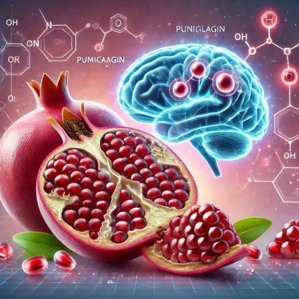 Bộ não phát sáng và cấu trúc phân tử punicalagin thể hiện tác dụng của lựu lên sức khỏe não bộ.