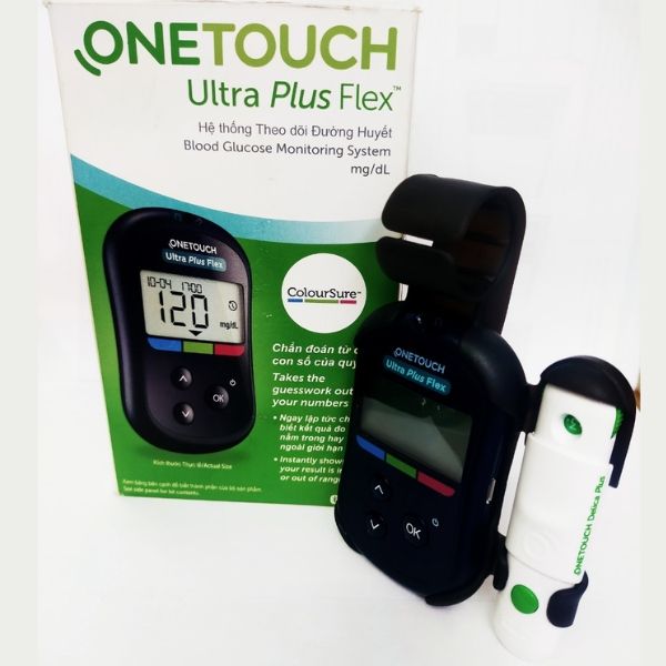 Máy đo đường huyết Onetouch Ultra Plus Flex với Màn hình LCD to hiển thị kết quả rõ ràng, với đầy đủ thông số ngày, giờ, máy lưu được 500 kết quả