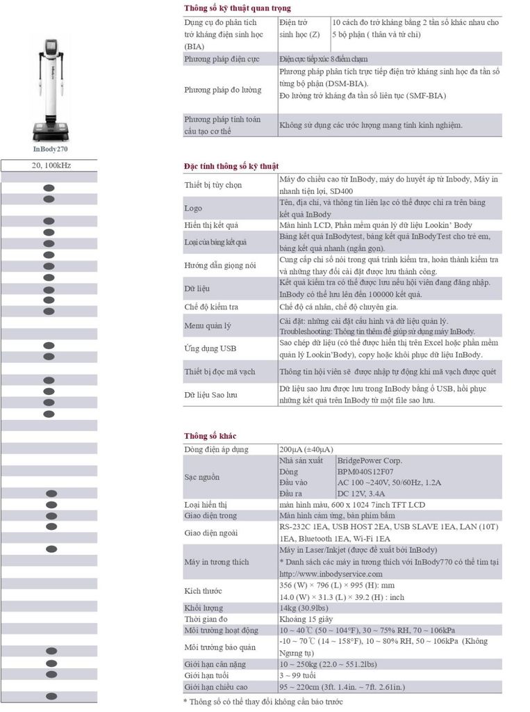 Bảng so sánh các đời cân phân tích các chỉ số cơ thể Inbody