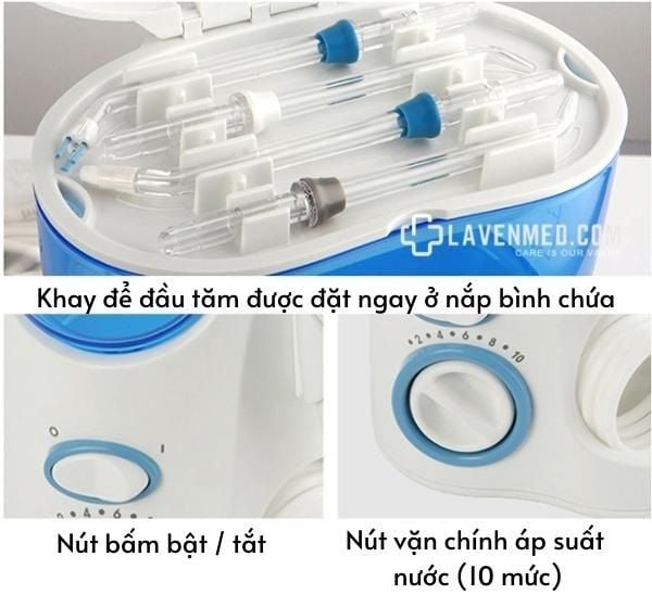 Đầu tăm được cất gọn trên ngắp của bình chứa