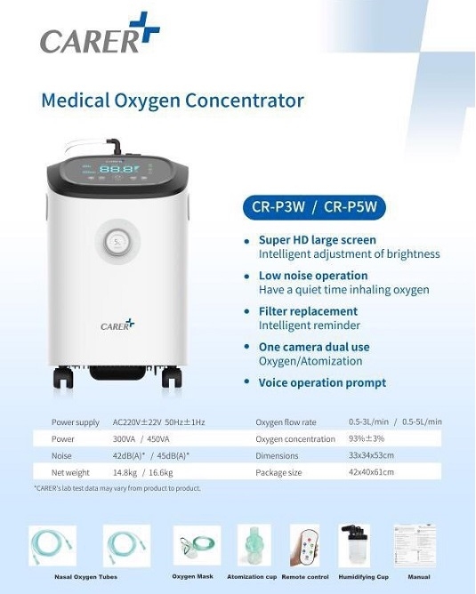 Máy tạo oxy 5 lít Carer CR-P5W (Xuất Mỹ) có kèm chế độ xông