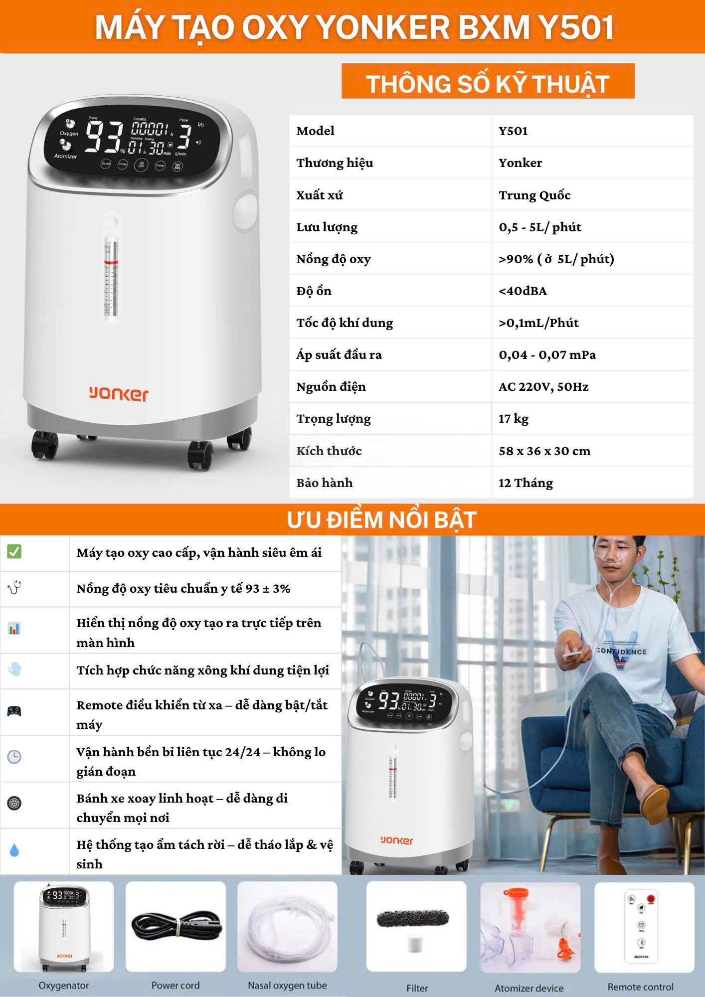 Máy Tạo Oxy Yonker BXM Y501W 5 lít/phút