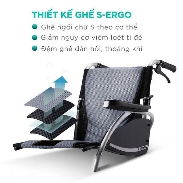 Xe lăn Karma S-Ergo 125 sử dụng công nghệ ghế S-Ergo đã được cấp bằng sáng chế thông minh để giúp ngăn người dùng trượt xuống ghế