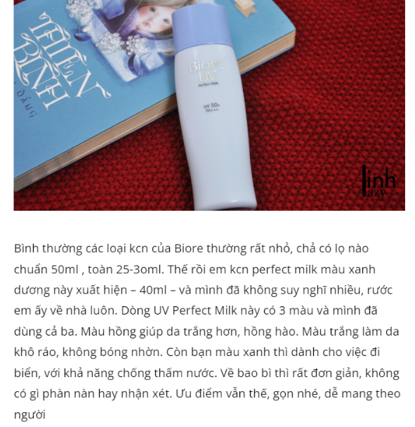 Sữa chống nắng màu xanh Biore UV Perfect Milk SPF50+ nhận được phản hồi khá tốt từ người dùng