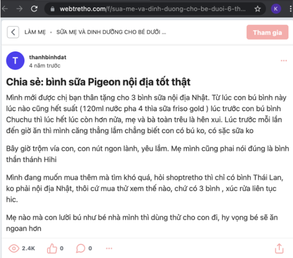 Mẹ thanhbinhdat rất vui vì từ khi cho dùng bình Pigeon bé luôn uống hết sữa mà không gặp trường hợp sặc sữa nguy hiểm. Mẹ thanhbinhdat review bình sữa Pigeon nội địa Nhật