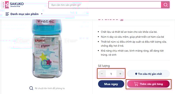 Bước 3 đặt mua bình Pigeon trên website Sakuko