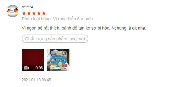 Một mẹ bỉm review về bánh ăn dặm Pigeon vị rong biển dành cho trẻ từ 6 tháng tuổi rằng sản phẩm dễ tan, hương vị hợp khẩu vị của bé. Review bánh ăn dặm Pigeon