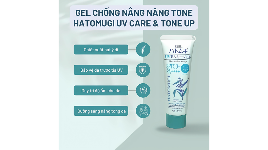 Gel chống nắng nâng tông ý dĩ Hatomugi The Tone Up UV Milky Gel giúp dưỡng ẩm, có kết cấu mỏng nhẹ, giúp da giảm bóng dầu.