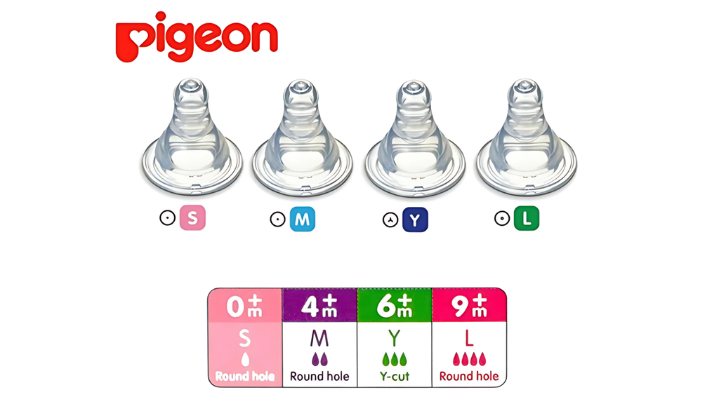 Size và chất liệu núm ty Pigeon cần được thay đổi phù hợp với độ tuổi của bé.